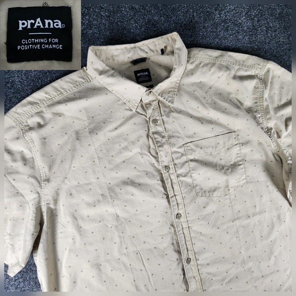 Prana Tinline Organic Cotton Button-Up Shirt Mens 2XL Brown AOP Casual Preppy
